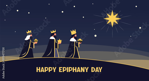 Epiphany Day Illustration of Three Wise Men Following the Star