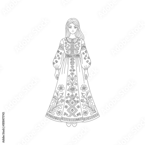 Vector illustration of a vintage fashion model woman in a long wedding dress gown, with antique style clothing