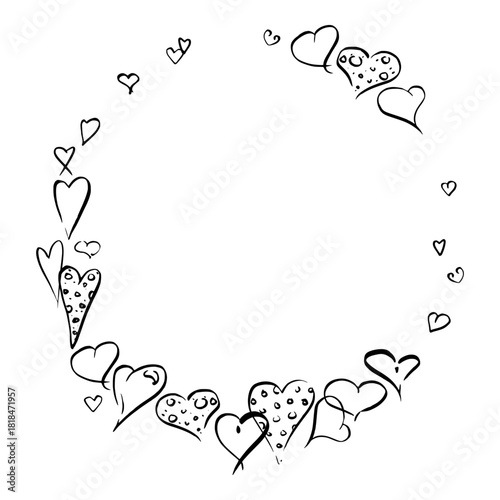 Ink hearts with polka dots fill, cute and playful, wrapping circular wreath outline. Vector hand drawn illustration, free shape doodles. Valentine print design, romantic invitation, decorative border.