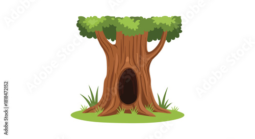Cartoon representation of a hollow tree trunk with vibrant green foliage and vegetation around the base isolated on a white backdrop