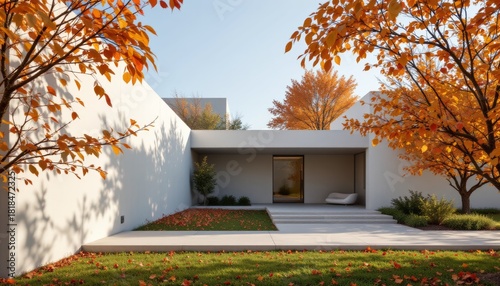Modern Home Exterior with Autumn Foliage