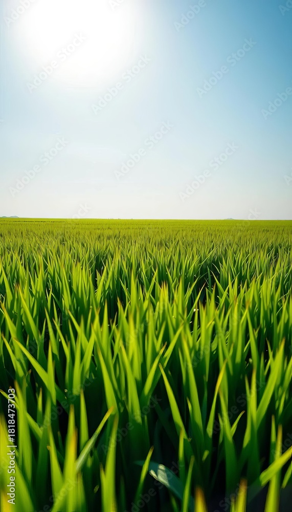 Obraz premium Lush green grass field stretching to the horizon under a bright sky, garden, wild