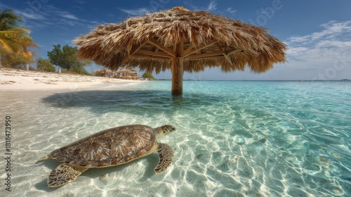 Sea turtle in shallow water near thatched umbrella on tropical beach