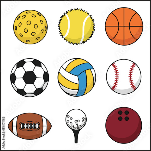 Assorted Sports Ball Vector Icon Set including Pickleball