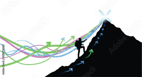 Silhouette of a determined climber ascending a dark mountain towards a glowing target.