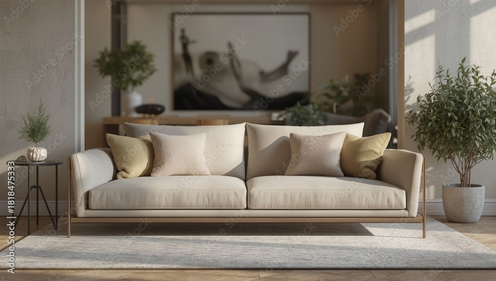 Fototapeta premium Modern living room interior with blurred background emphasizing natural light and minimalist style, suitable for editorial layouts