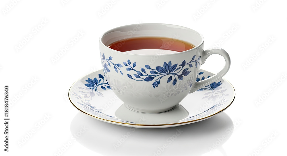 Fototapeta premium Elegant White Teacup with Blue Floral Design Filled with Amber Tea.