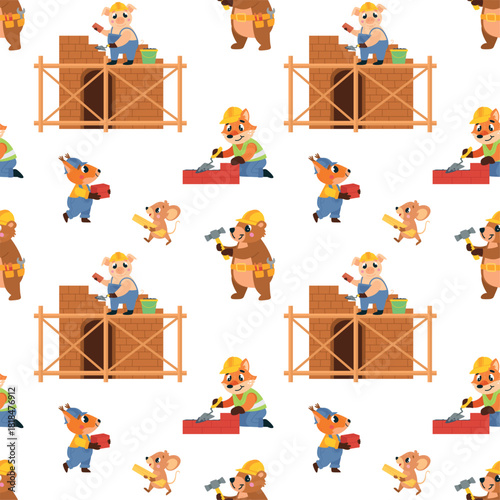 Builders seamless pattern. Animals in uniform build house. Funny animal working on construction. Cute fabric or wallpaper print, classy vector seamless pattern