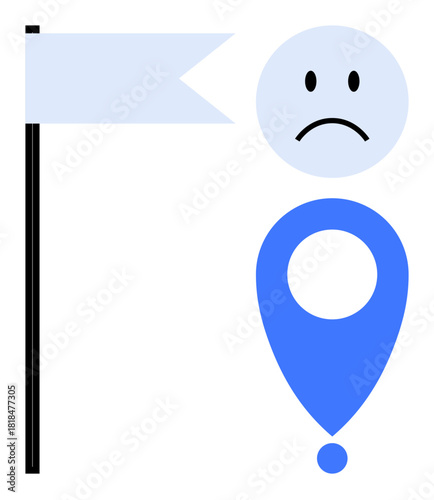 Navigation failure. Navigation symbols showing a location marker, sad face, and flag failure or wrong destinations. Navigation errors in maps, apps, and workflows. For apps, maps decision-making