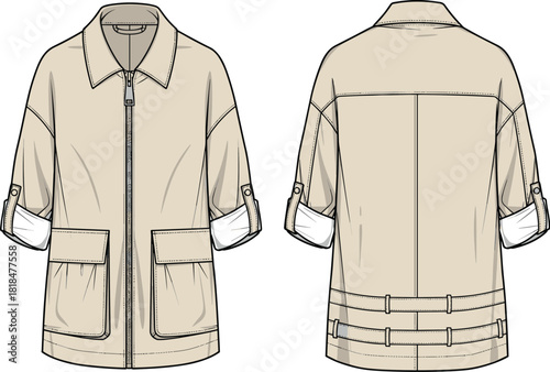 Beige utility jacket fashion flat, technical garment illustration, front and back view, outerwear design template, detailed seams and pockets