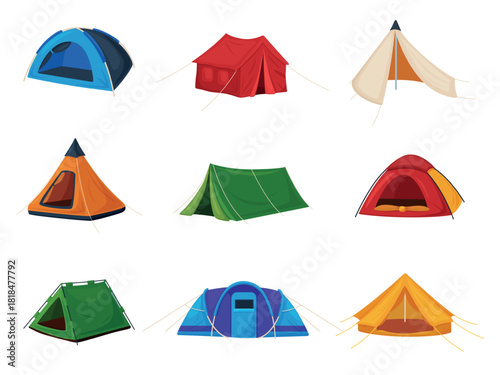 Cartoon camping tent. Touristic equipment for camp, leisure on nature. Accommodation for expeditions, outdoor family adventures, travel, nowaday vector clipart