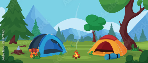 Camping landscape. Touristic tents, backpack and campfire. Expedition, leisure on nature. Resting zone in mountain forest, eco tourism, nowaday vector background