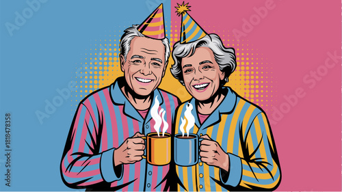 Senior couple at pajama party with hot drinks on colorful pop art background