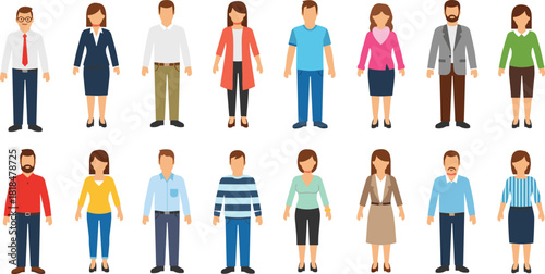 Flat people illustration set, diverse characters in casual and business clothing, vector human icons for presentations, infographics, web and design projects