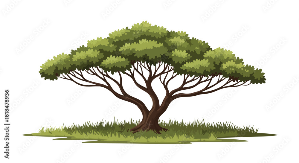 Naklejka premium Stylized acacia tree illustration with dense green foliage against a plain backdrop representing natural tranquility