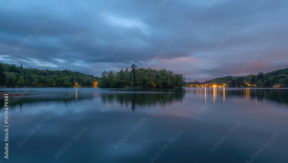 Fototapeta premium Long exposure of Beaver Lake at twilight blue hour on a cloudy summer day, highlighting reflection and ambient light, Earth Day