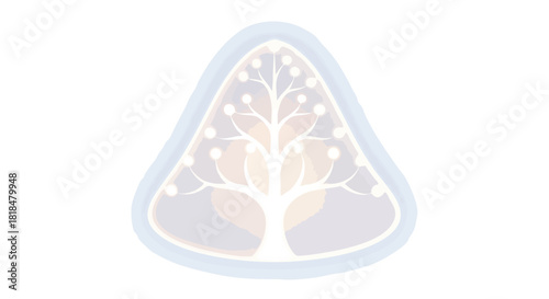 Stylized tree illustration with glowing spheres, within a soft pastel triangular frame, conveying nature and light themes delicately rendered