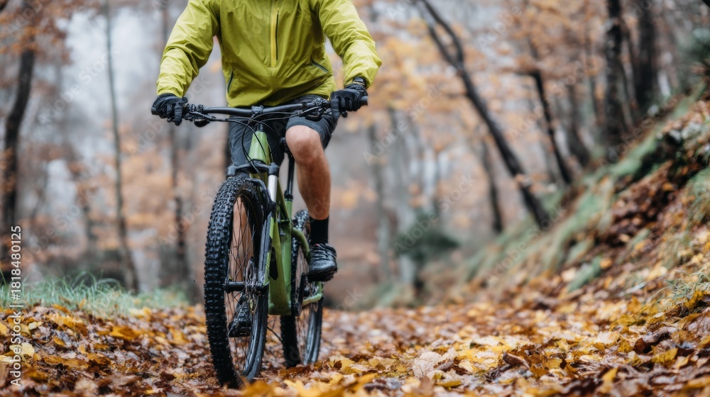 Fototapeta premium A cyclist dressed in bright chartreuse navigates a leaf-covered path in a serene forest during autumn