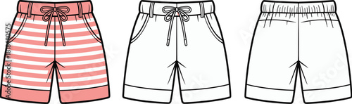 Shorts fashion flat with drawstring waist, striped design, front and back views, garment template illustration for apparel designers and clothing projects