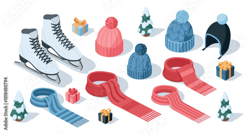 Winter accessory collection with isometric ice skates, hats, and scarves