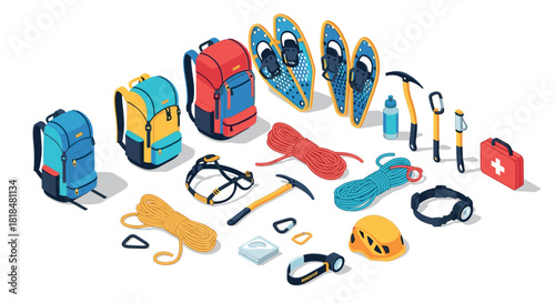 Isometric outdoor adventure gear set with backpacks and climbing equipment in vibrant colors