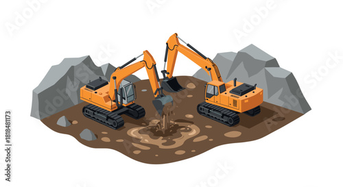 Heavy construction equipment in action excavators digging in a quarry