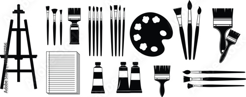 Silhouette illustration of artist tools, brushes, easel, palette, paint tubes, sketchbook, creative art supplies for drawing, painting and design