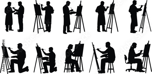 Silhouettes of artists painting on canvases in various poses, creative studio scene showing painters working at easels, art illustration set