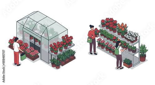 Isometric greenhouse and plant nursery scene with people browsing flowers
