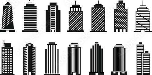 Skyscraper icon set, modern city building silhouettes, urban architecture collection, high-rise tower vector design, real estate construction illustration pack