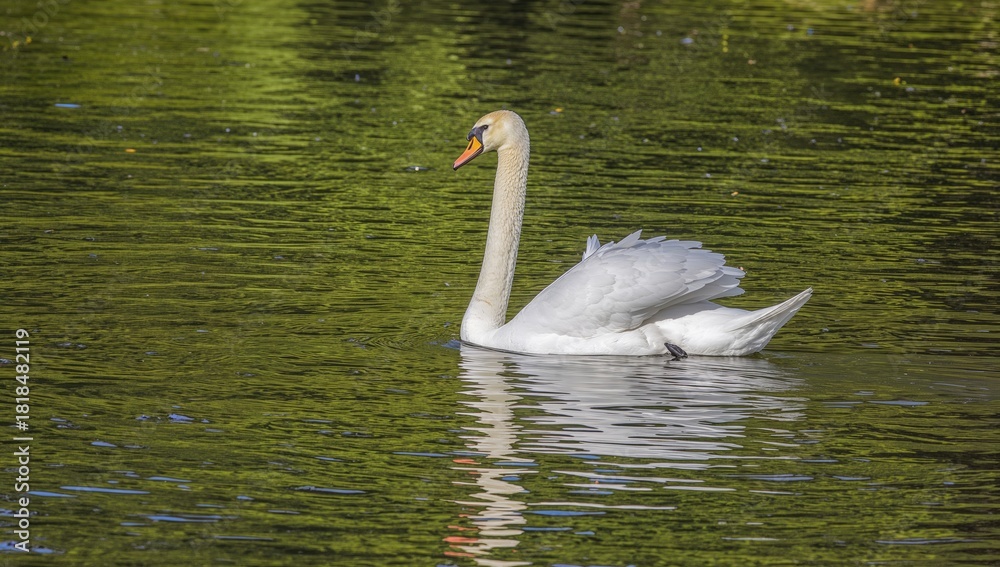 Fototapeta premium Swan gracefully moving across the water, showcasing tranquility