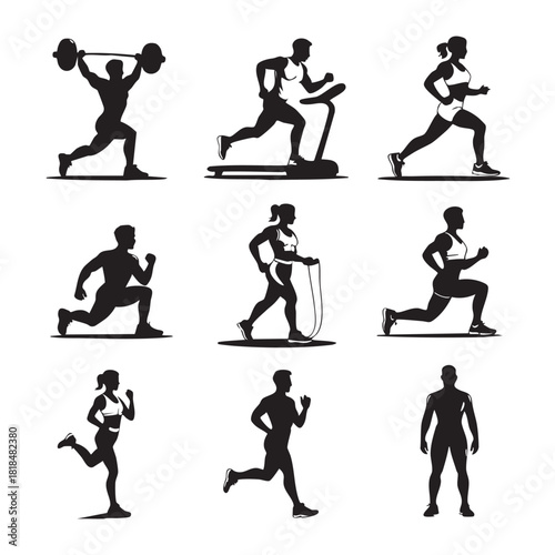 Silhouettes of men and women engaged in various fitness activities exercise workout