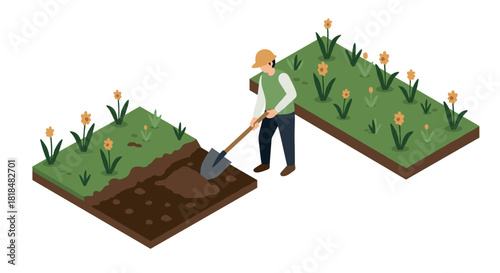Isometric garden worker digging soil near blossoming flower bed