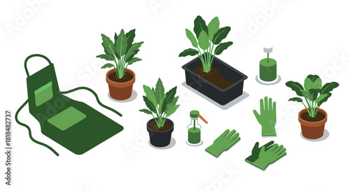 Gardening essentials with potted plants, tools, and supplies in an isometric style
