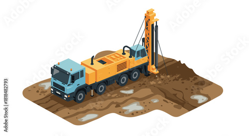 Isometric mining drill rig on construction site with earth moving equipment for foundation work