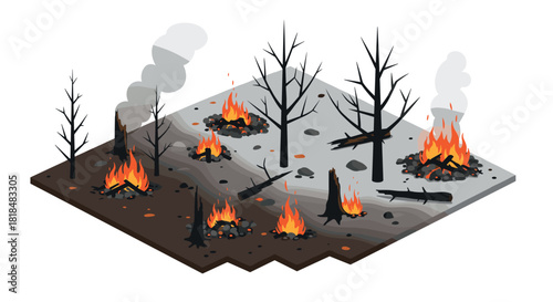 Isometric wildfire scene with burning trees in forested area