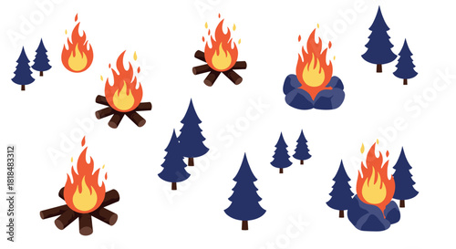 Camping bonfire and pine trees in flat style