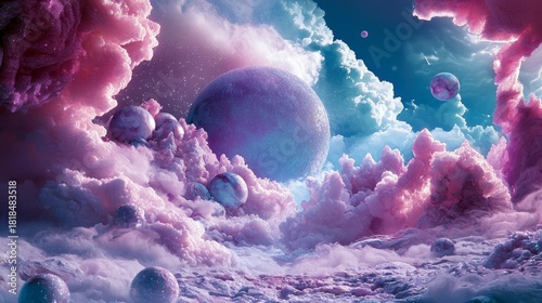 A surreal, dreamlike landscape featuring planets, swirling clouds, and cosmic dust in vibrant pink and blue tones, suggesting an otherworldly nebula.