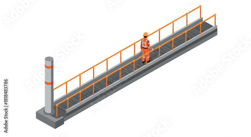 Isometric worker on industrial walkway wearing safety gear