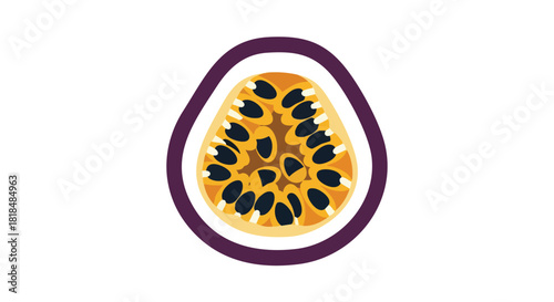 Minimalistic vibrant illustration of a halved passion fruit with visible pulp and seeds set against a clean white background