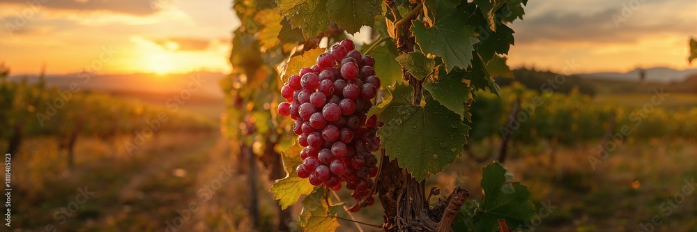 Fototapeta premium Almost ripe red grapes in the vineyard, emphasizing the harvest season and agricultural cycle