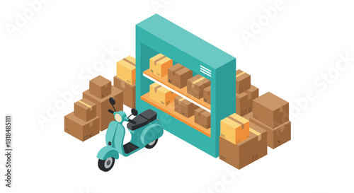 Efficient parcel delivery concept with scooter and packages in isometric design