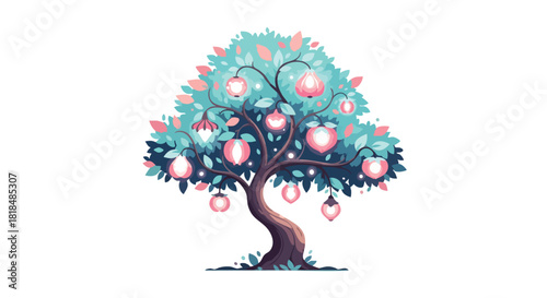 Enchanting Illustration of a Fantastical Tree with Glowing Fruits and Serene Foliage, evoking a sense of magic and whimsical nature
