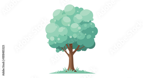 Stylized digital illustration of a solitary stylized tree with a full and spherical crown of turquoise foliage against a stark white backdrop