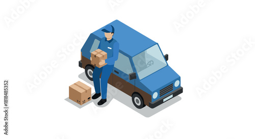 Delivery service concept with courier unloading parcels from blue van in isometric style