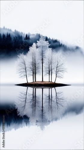 A small island covered in frost and snow, with bare trees, stands in the middle of a calm lake. The reflection of the island and trees is perfectly mirrored in