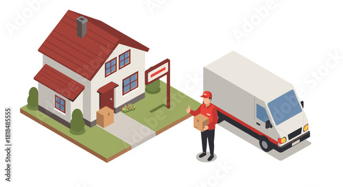 Isometric delivery scene with courier and van at residential house