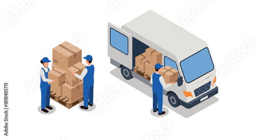 Efficient cargo loading process with workers and delivery van isometric design