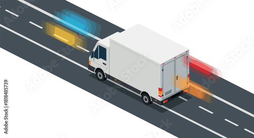 Isometric delivery truck on modern highway with motion blur effect