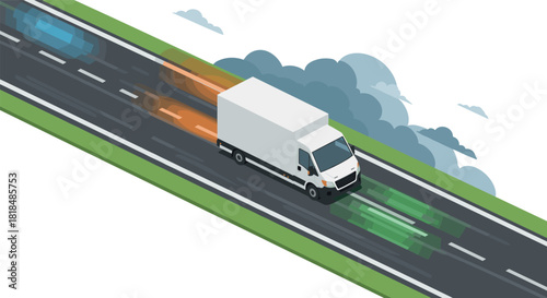 Isometric delivery truck on highway with colorful streaks and cloudy sky